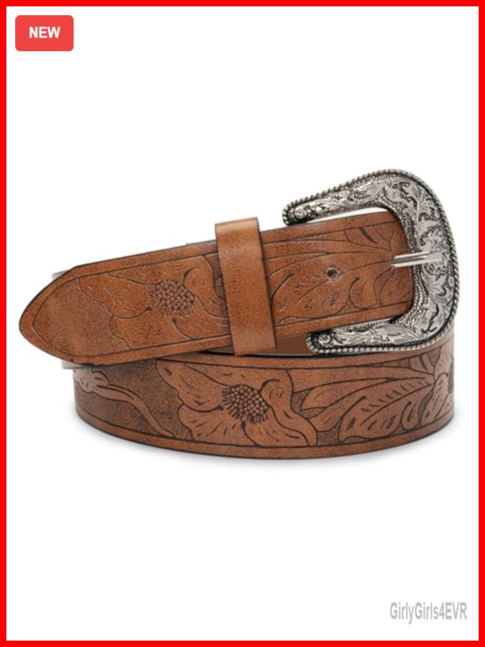 Women's PU Leather Western Belt Vintage Floral Buckle Waist Belt